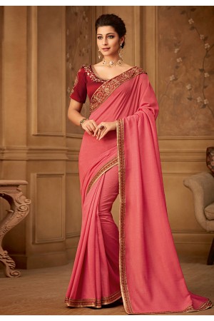 Pink silk embroidered festival wear saree  509